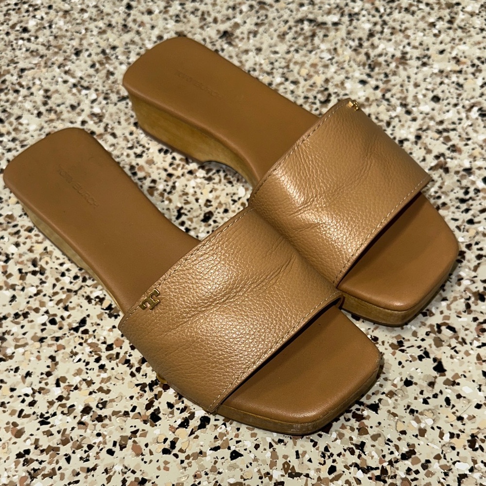 Tory Burch Brown Leather Wedge Slides